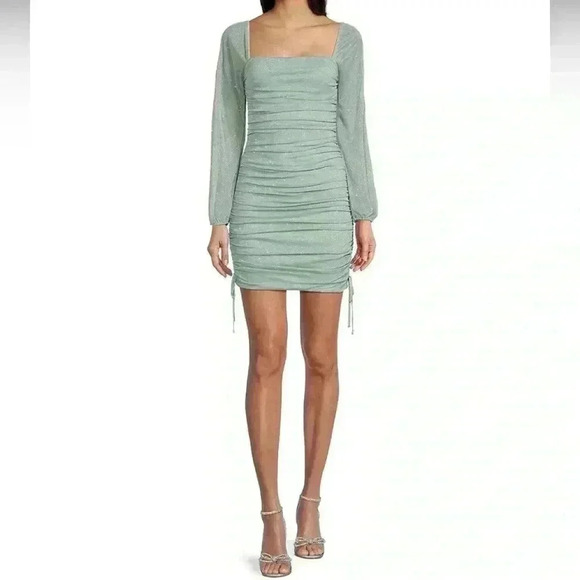 Jump Apparel Glitter Square Neck Ruched Long Sleeve W/ Ties At Hemline Dress M - Picture 1 of 10